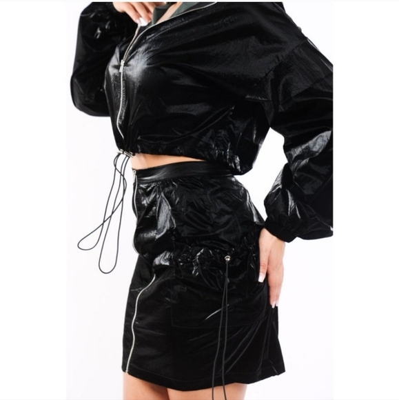 Women's Sexy Pearly Windbreaker Zip Up Long Sleeve Top & Matching Skirt 2 Pc Set - Picture 3 of 9